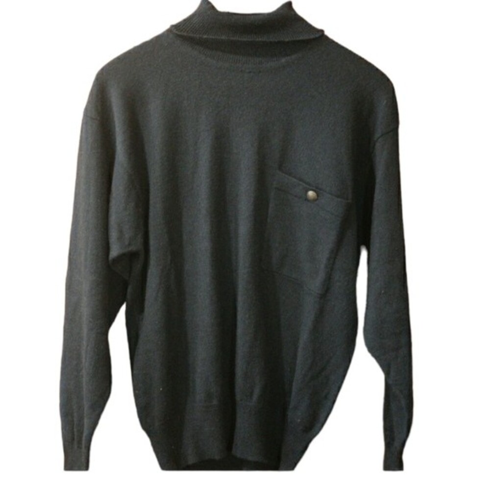 Jones New York Black Vintage Wool Blend Sweater with Pocket and Bronze Button M